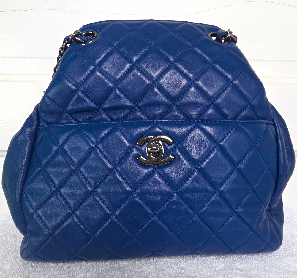 CHANEL Matelasse Lambskin Blue Drawstring Tote Bag Chain Strap Silver HW w/COA